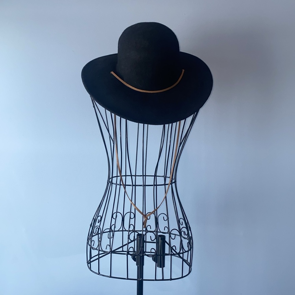 Boho Style Black Round Hat with Brown Tie - One Size